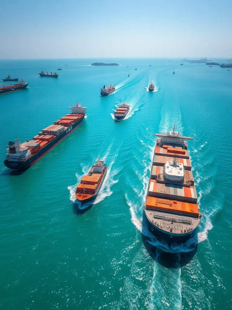 A busy shipping lane in the Strait of Malacca, highlighting Vortex Corporation Limited's strategic maritime routes and partnerships in Southeast Asia.