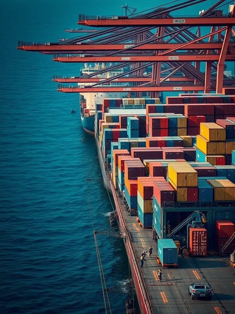 An image of cargo ships docked at a busy port with containers being loaded and unloaded, symbolizing global trade operations.