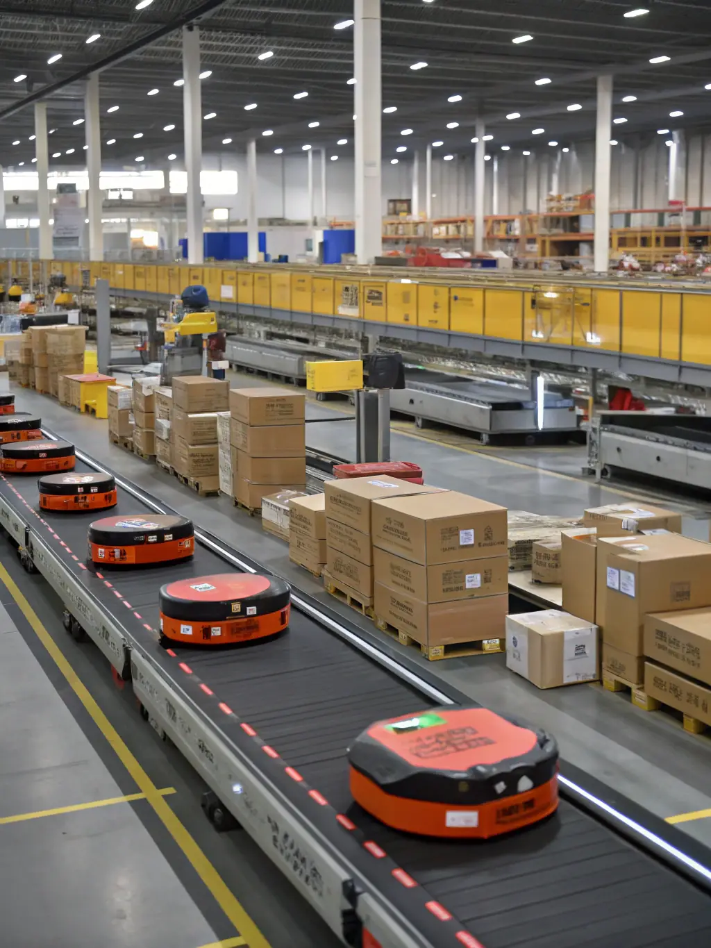 A modern logistics warehouse with automated systems, showcasing advanced supply chain management.