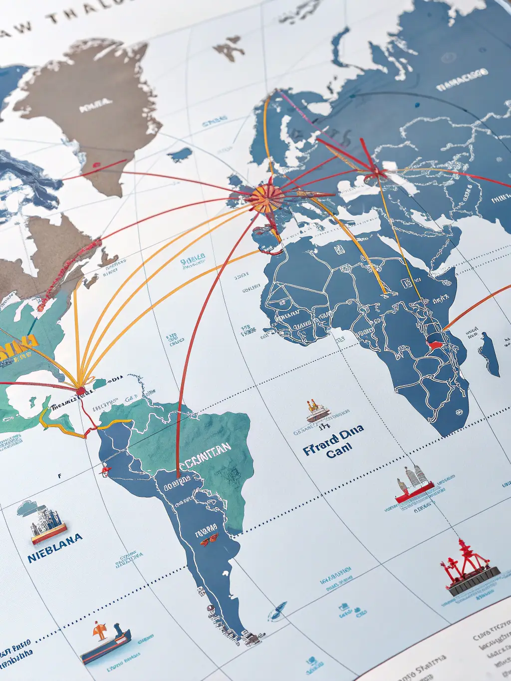A world map highlighting key trade routes and global ports, symbolizing Vortex Corporation's extensive global network and reach.