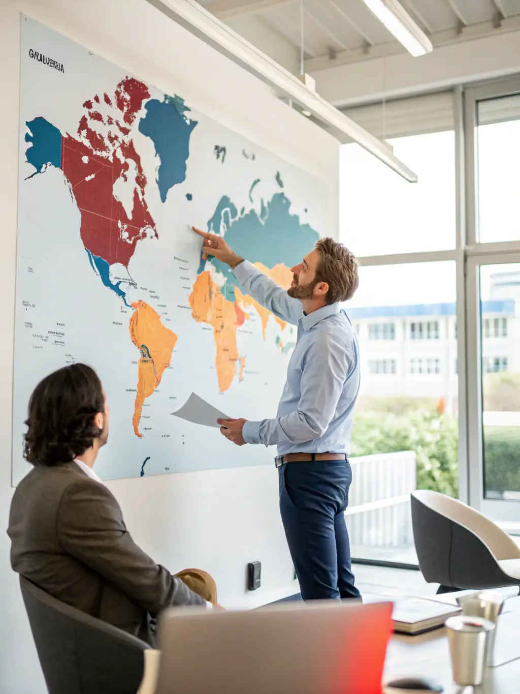 A professional consultant discussing strategies with clients over a digital tablet, with a backdrop of a world map.