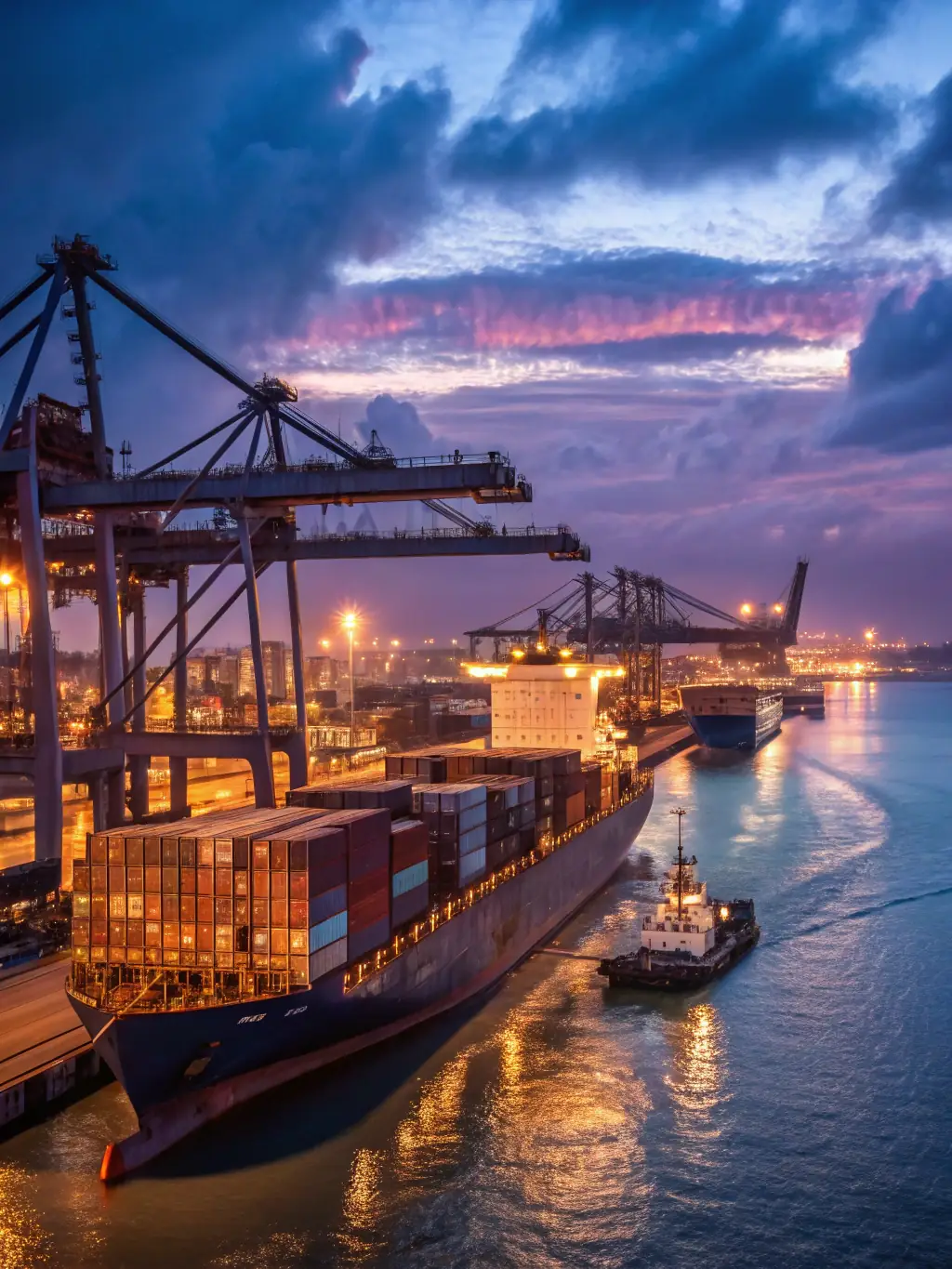 A container ship being loaded with goods at a busy port, representing Vortex Corporation's international trade services.