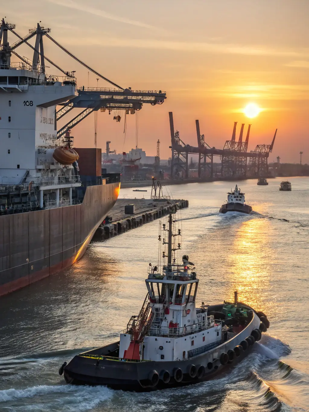 A tugboat assisting a large cargo ship in a harbor, representing Vortex Corporation's marine cooperation services.