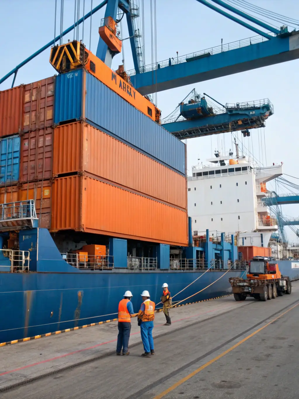 A container ship being loaded with cargo at a busy international port, symbolizing Vortex Corporation's international trade services.