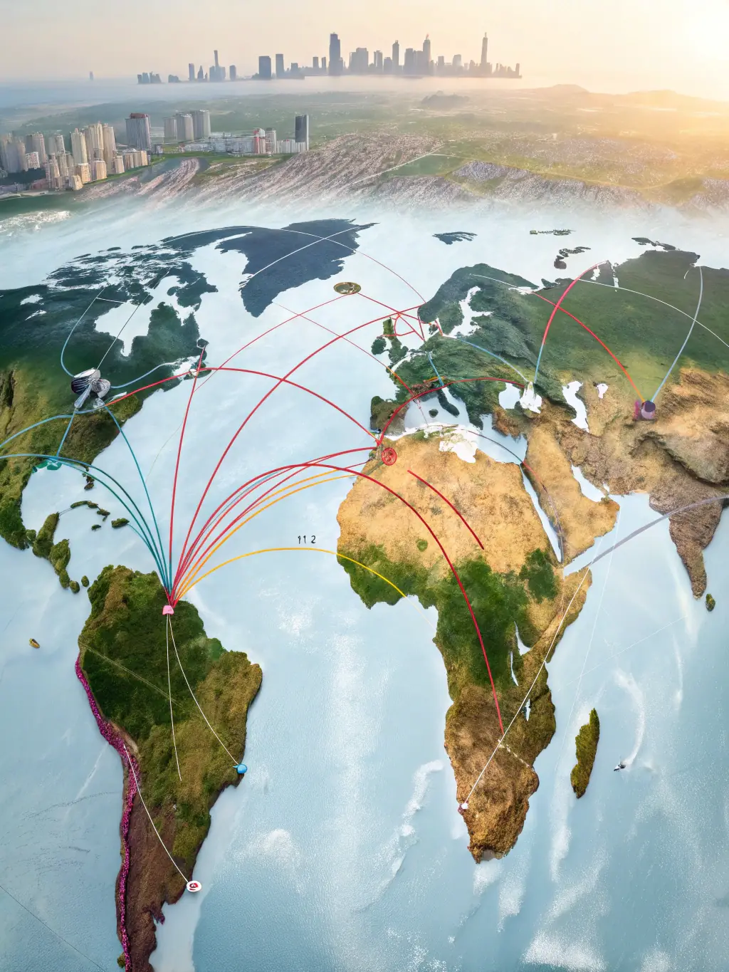 A global map highlighting key trade routes and Vortex Corporation's presence in various international locations.