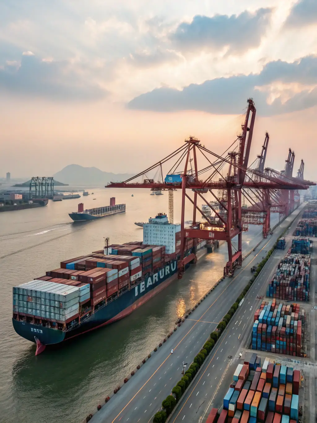 A bustling port in Hong Kong, with container ships being loaded and unloaded, representing Vortex Corporation Limited's headquarters and key operational hub in Asia.