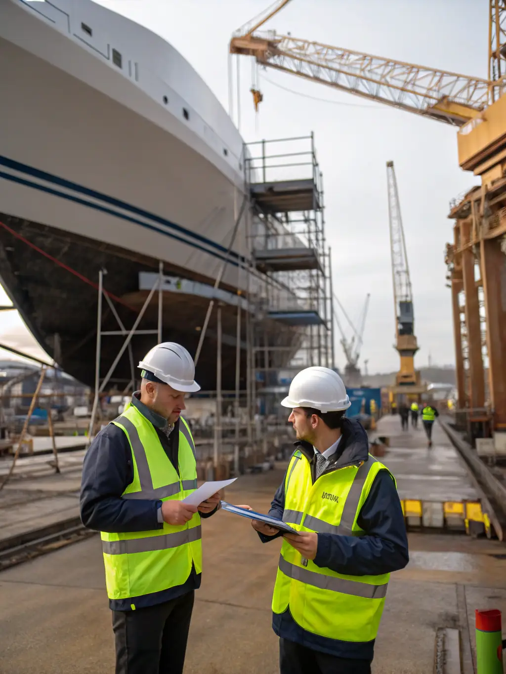 A consultant reviewing blueprints with a shipyard manager, showcasing the technical expertise and collaborative approach of VORTEX CORPORATION LIMITED's consulting services.