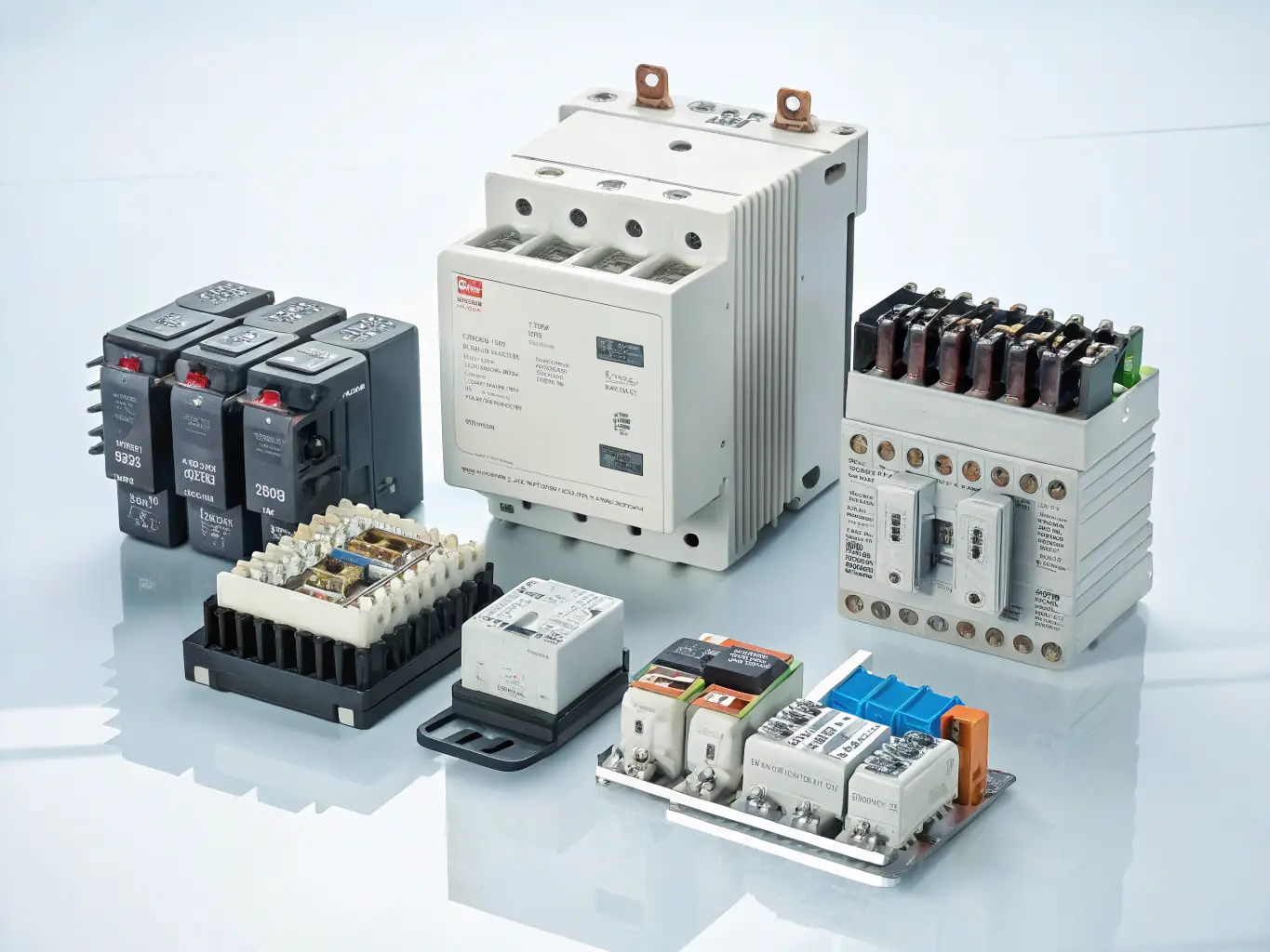 An image showcasing various marine electrical and mechanical components with brand logos of ABB and Schneider, representing Equipment & Spare Parts Supply.