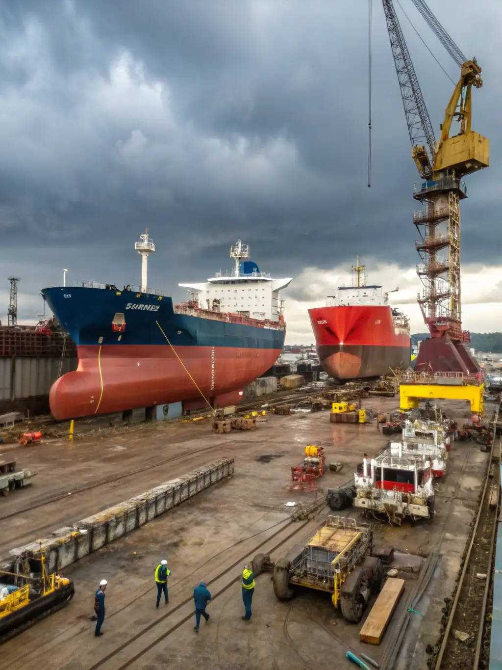 A high-angle shot of a vessel undergoing hull construction in a dry dock, with workers welding and assembling the structure, emphasizing the scale and complexity of marine EPC projects.