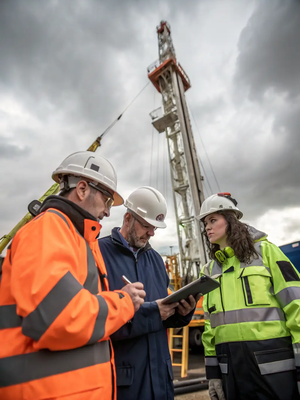 A team of certified engineers in safety gear conducting an inspection on an offshore platform, highlighting their expertise and adherence to safety standards.